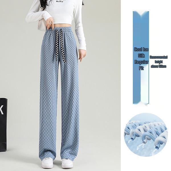 Checkered Ice Silk Wide-Leg Pants for Women, Summer 2025: High-Waist, Floor-Length, Casual Petite Straight-Leg Design