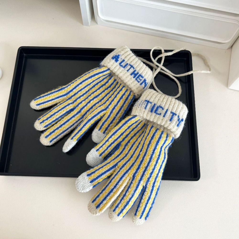 Thickened Striped Gloves Wool Winter Velvet Mittens Retro Knitted Gloves Outdoor