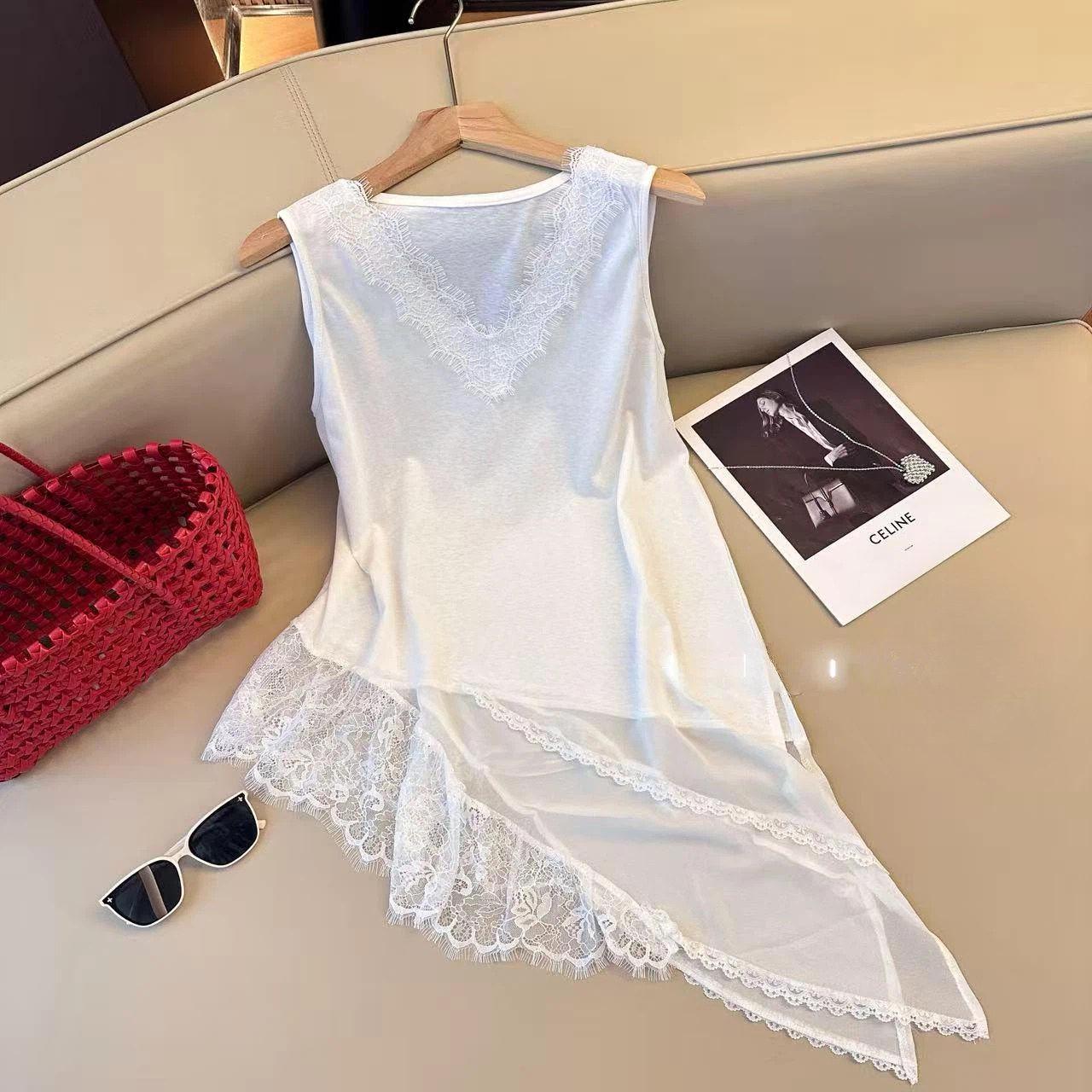 Spring 2026 Korean Lace Patchwork V-Neck Irregular Tank Dress - Chic and Versatile Sleeveless Fashion Medium белый