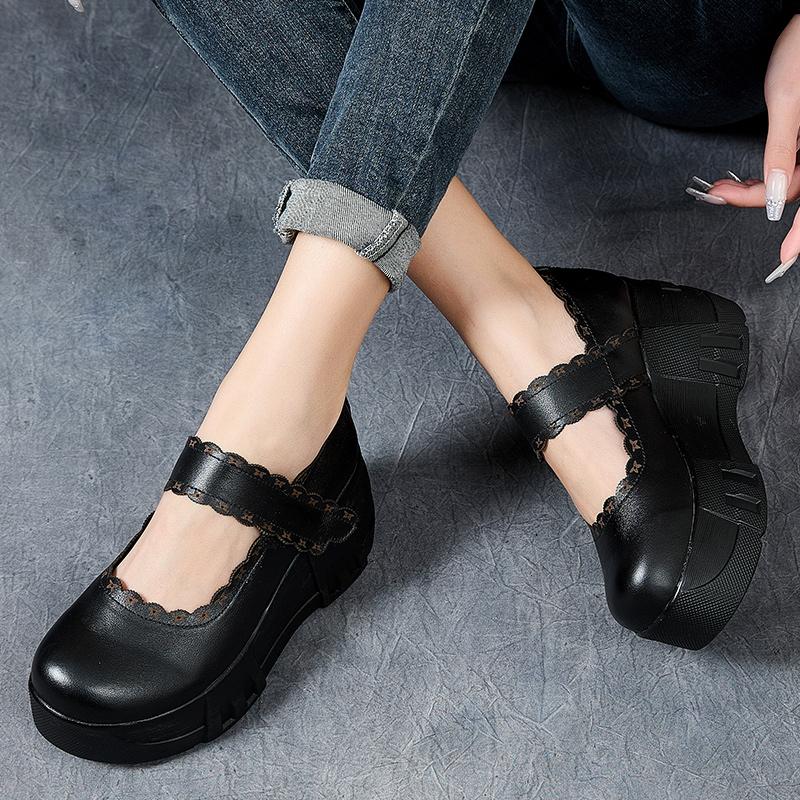 Fashion GKTINOO 2025 Autumn New Genuine Leather Comfortable Thick Soled Shoes Wedges Heel Pumps Soft Soled Women's Flat Platform Shoes