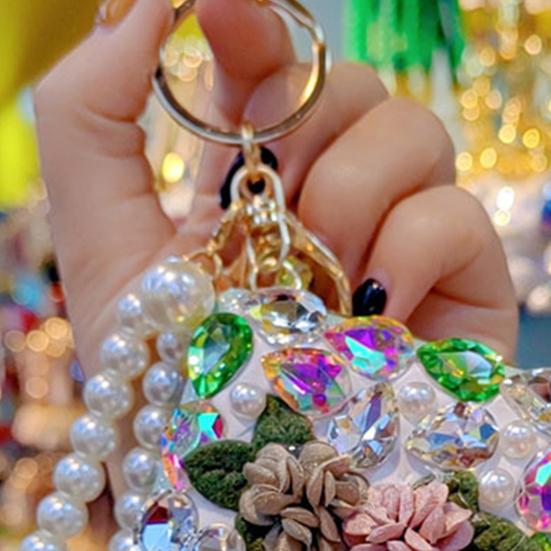מחזיק מפתחות מראה עם אבני חן Bling מראה איפור מתקפלת תליון למחזיק מפתחות צמיד חרוזים לתיק מפתחות רכב ארנק תיק גב אביזרים