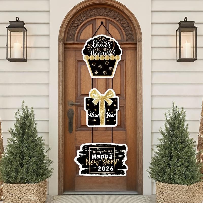 

1/3pcs New Black Gold New Year Door Hanger Cake Cheer Door Pendant 2026 Happy New Year Christmas Flag Party Festival Decoration