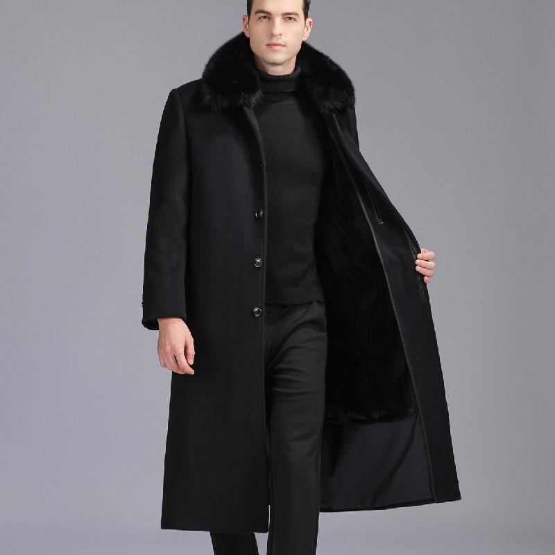 Middle-aged and Elderly Men's Removable Woolen Woolen Woolen Coat with Real Fur Collar and Velvet Thickened Daddy Coat
