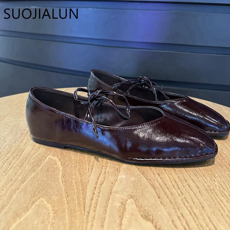 Fashion SUOJIALUN Big Size 35-41 Women Vintage Flats Shoes Leather Lace-Up Low Heels 2025 Shoes Classic Suqare Toe Casual Loafers
