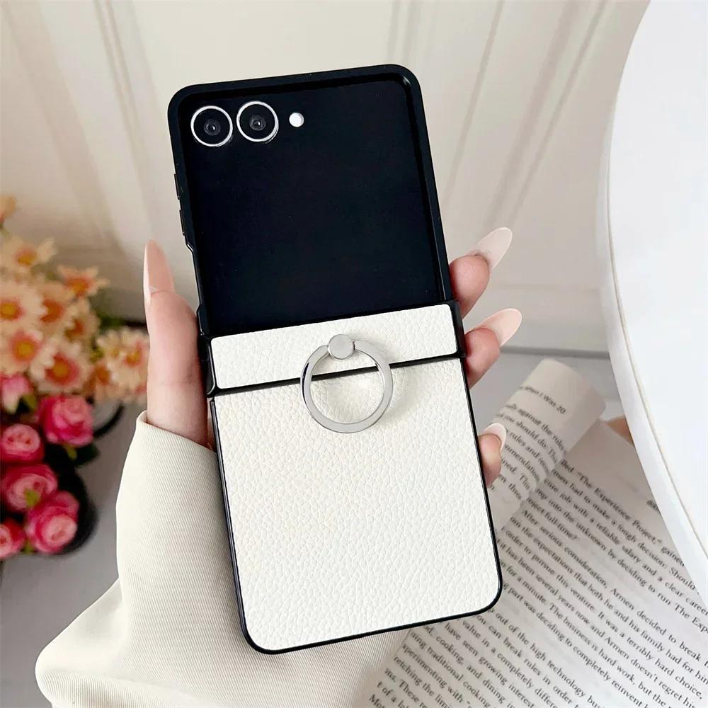 

For Samsung Galaxy Z Flip 7 6 5 4 3 5G Phone Case Solid Color Lychee Pattern PU Leather Ring Holder Shockproof Protective Cover Galaxy Z Flip7