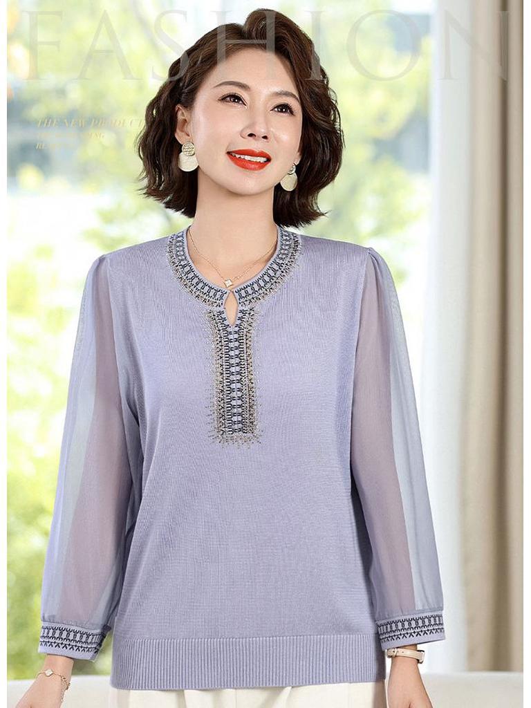 Schickes Herbst-Rundhals-Langarm-T-Shirt für Frauen mittleren Alters & ältere Frauen - Stilvolles Strickoberteil mit Gaze-Ärmeln