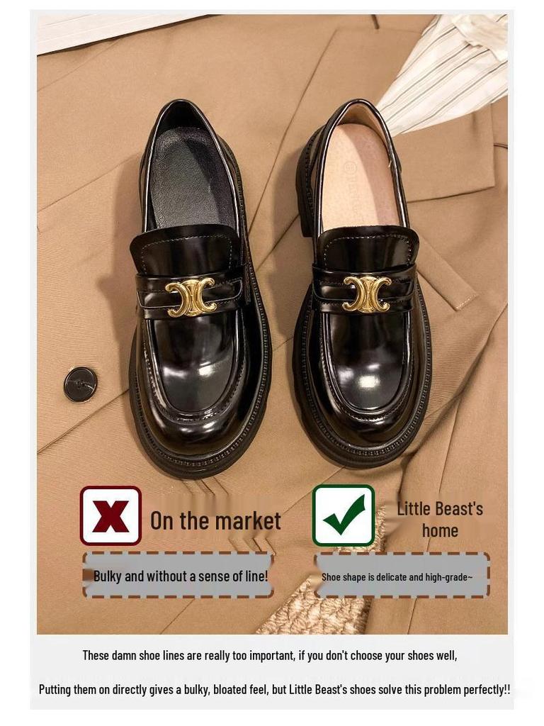 Black Leather British Style Platform Loafers for Women - Height Increasing Slip-on Arc De Triomphe Design