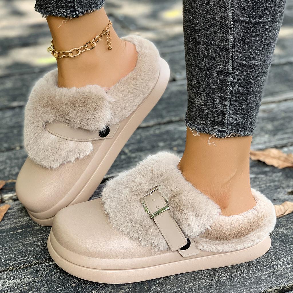 Winter Women Outdoor Platform Warm Slippers Plush Buckle Slippers Flat Fur Comfortable Clogs Soft Design Shoes Slides Women