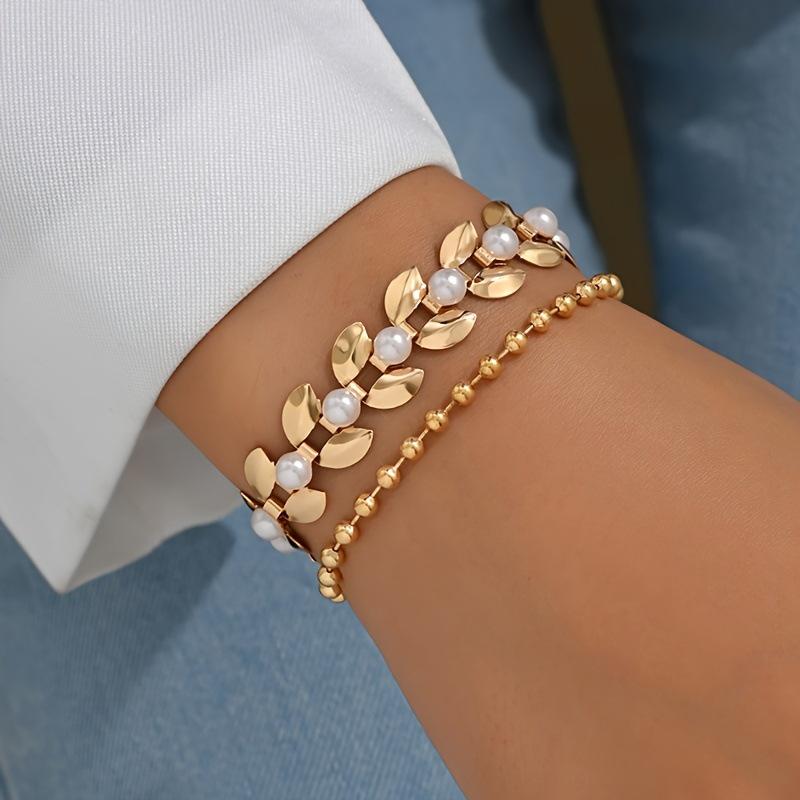 Women Fashion Bohemian Gold Wheat Chain Pearl Layered Bracelet Set
