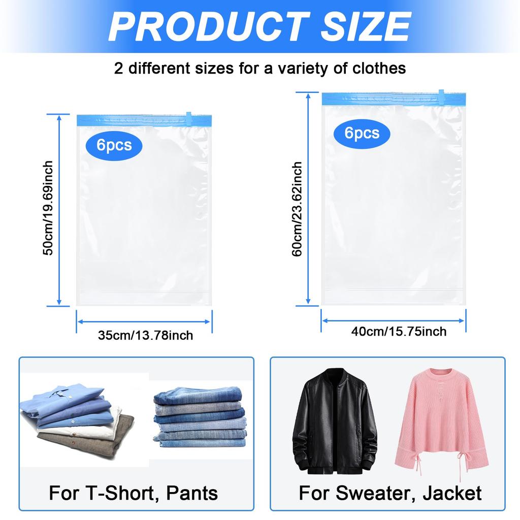 12PCS Compression Bags Travel Reusable Roll Up Vacuum Storage Bags Space Saving Packing Bags for Suitcases Organizer