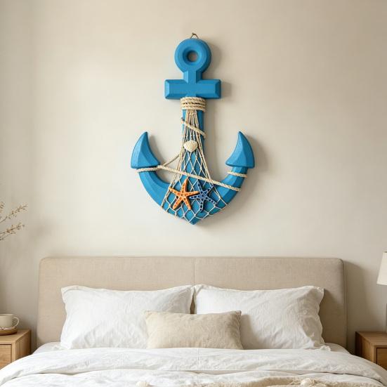 13" Nautical Wooden Wall Art with Hemp Rope Coastal Beach Theme Wall Hanging Ornament with Shells Starfishes for Home Bathroom Living Room Bedroom