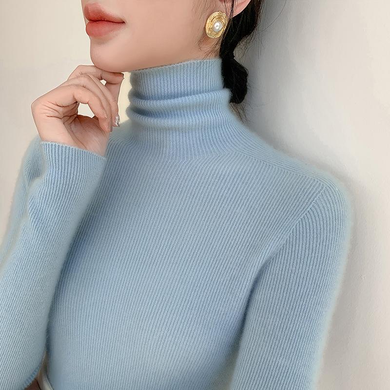 Women's Slim-Fit High-Neck Seamless Wool Base Layer Shirt, Autumn/Winter, Ruched Neck, Knitted Sweater.