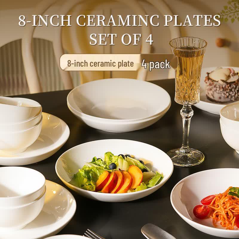 Siyue Pure White 8-inch Round Ceramic Dinner Plates (Set of 4)