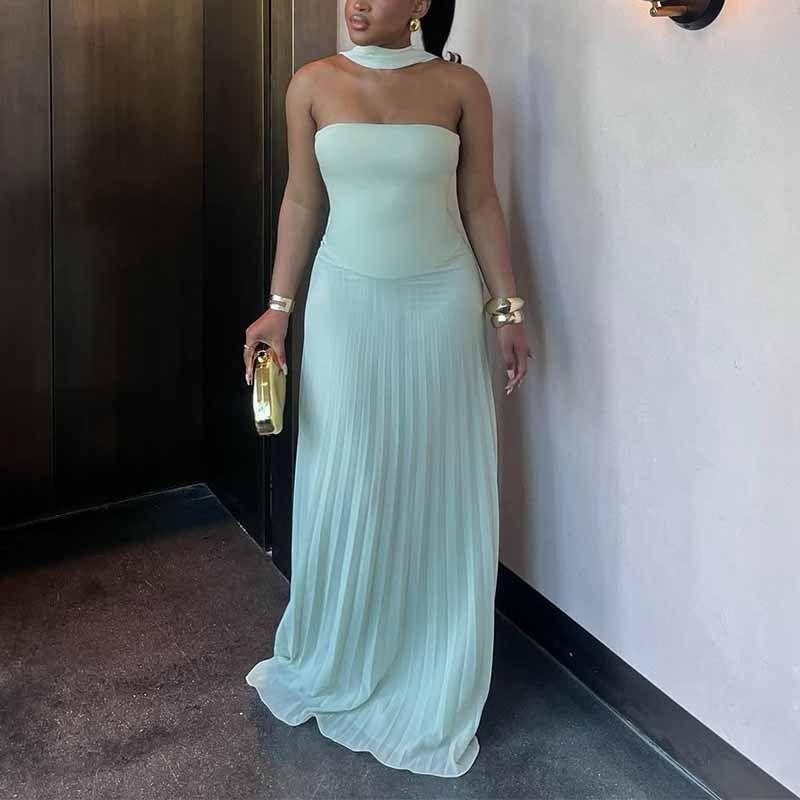 

European American Summer New Elegant Collarless Sleeveless Mid Waist Pure Color Pleated Tube Top Dress Light green S