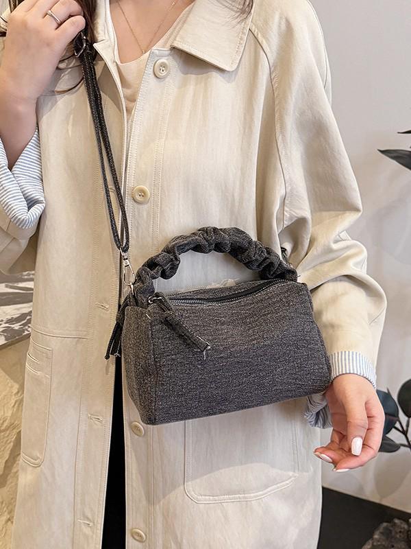 Korean Style Chic Denim Pleated Embroidered Crossbody Bag for Women