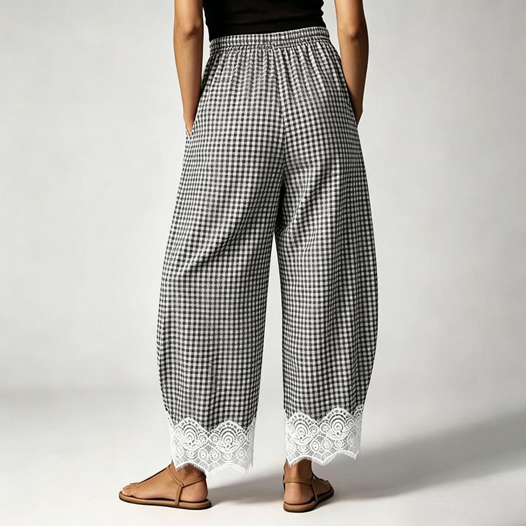Pantaloni a Quadri Larghi da Donna con Vita Elastica e Bordi in Pizzo per Uso Quotidiano Casual