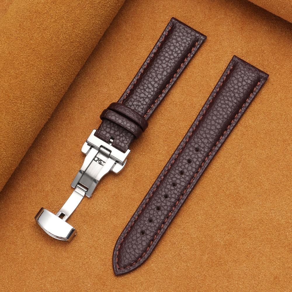 12/14/16/18/19/20/22mm Kalvskinnsklockarmband Litchimönstrad Rem Äkta Läder Armbandsurrem Fjärilsspänne Klocktillbehör