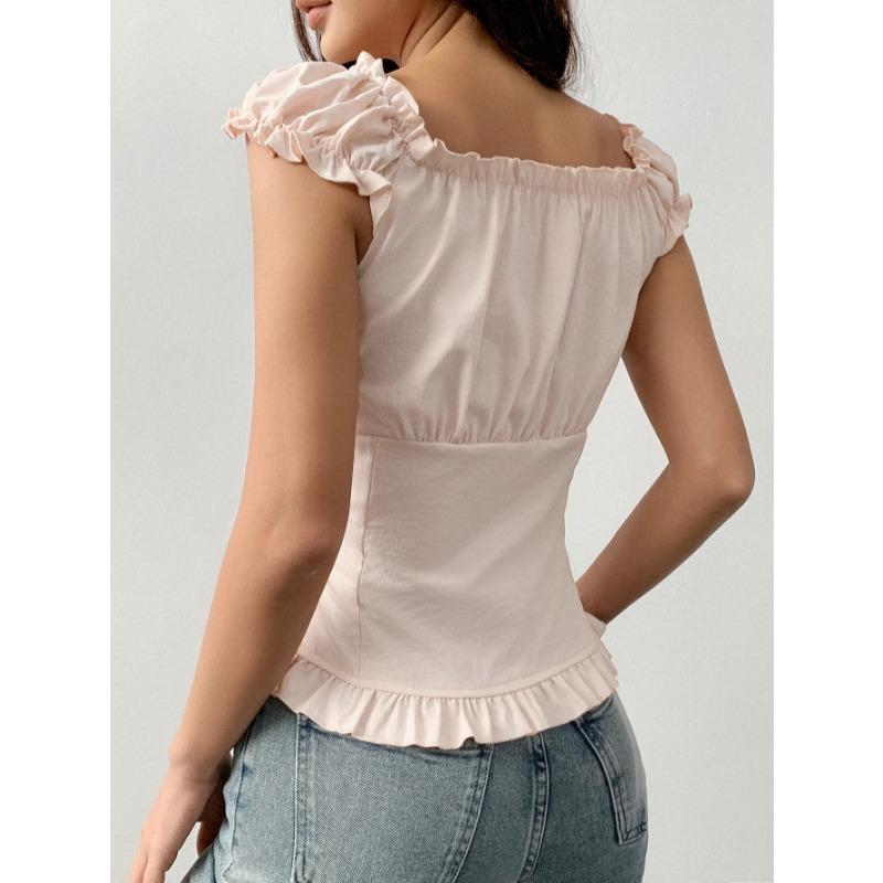 Summer Short Sleeved Rufffled Women Vest Sweet Slim Fit Blouse Solid Color Simple Pleated V Neck Shirts Fashion Elegant Women's Clothing