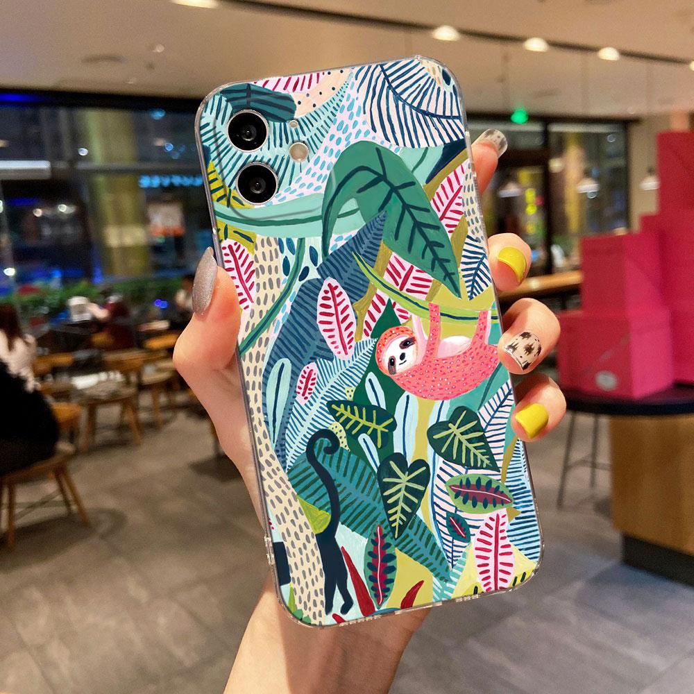 Tropical Jungle Print Leopard Sloth Clear Phone Case For iPhone 15 14 11 12 13 Pro Max Mini XS XR 8 7 Plus Back Cover Soft Cases