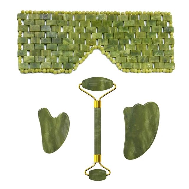 Natural Cooling Sleep Mask Jade for Eye Face Massage Stone Jade Roller Gouache Scraper Massager Set Skin Care Tools