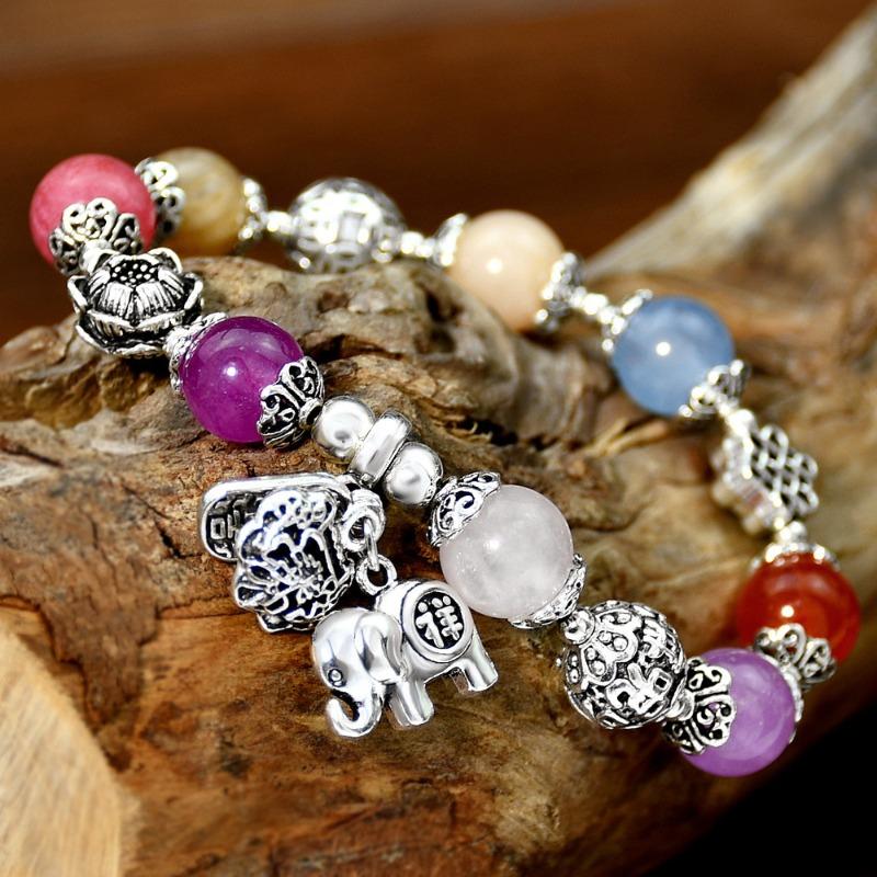 GemChic Women's Ethnic Colored Agate Crystal Elephant Pendant Alloy Flower Beads Bracelet Classical Retro Birthday Christmas Jewelry Gift