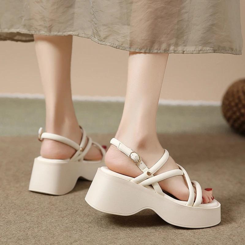 

Cross Strap Platform Sandals for Women Summer 2024 Thick Bottom Gladiator Shoes Woman Casual Non-Slip Wedge Sandalias 35 бежевый