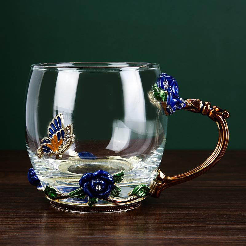 Rose Flower Cup Enamel Water Cup Heat-resistant Glass Cup Enamel Coffee Tea Cup Mug 3D Rose Butterfly Glass Cups Wedding Gift