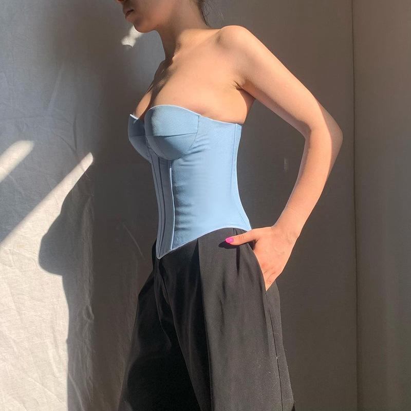 Top tubo de mezclilla sintética con copas para el busto a la moda para mujer Faja Spice Girl Top con escote pronunciado