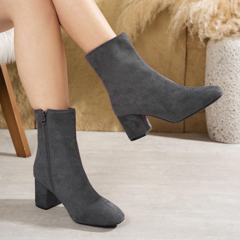 Women S Square Toe Side Zip High Heel Ankle Boots