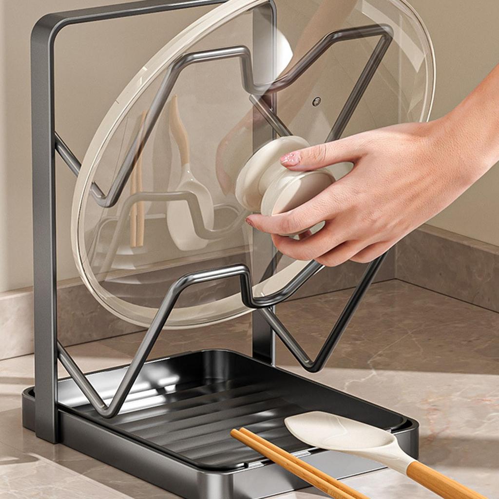 Pot Lid Organizer 2-Tier Cutting Board Rack Pan Lid Holder with Drip Tray for Spatula Ladle Spoon Kitchen Countertop