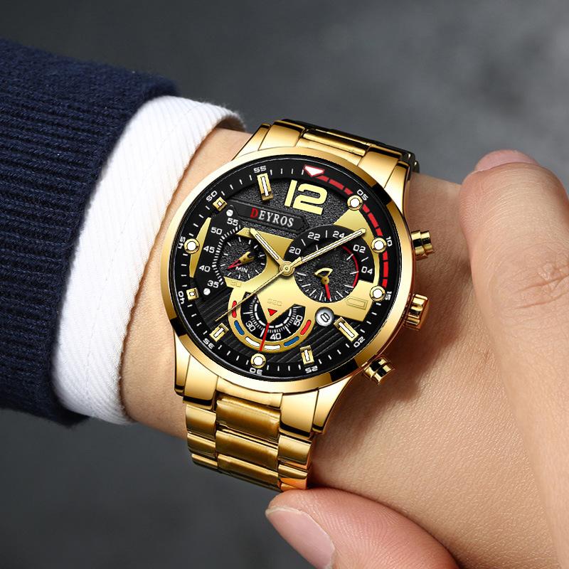 3pcs/set, 1pc Fashion Calendar Men's Quartz Watch, Business Men's Stainless Steel Wrist Watch, Men's Gifts