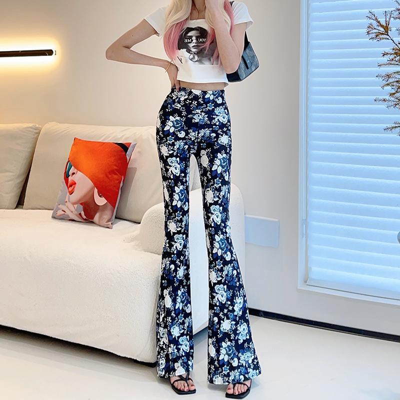 Spring Thin Women's High-waisted Flared Pants Slim Fit Trousers Printed Stretch Flared Pants