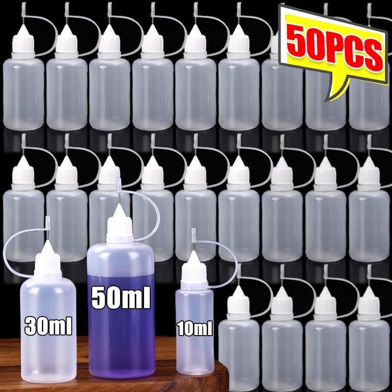 50/5Pcs PE Plastic Squeezable Tip Applicator Bottle Refillable Dropper with Needle Tip Caps for Glue Pigment Bottle 10ml 50ml