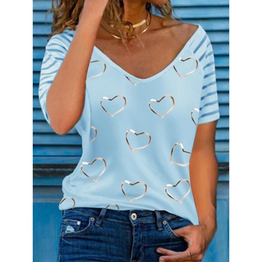 

Fashion V-neck Short-sleeved T-shirt Women s Casual Striped Printed Pullover Women s Spring and Summer Solid Color Top XL
