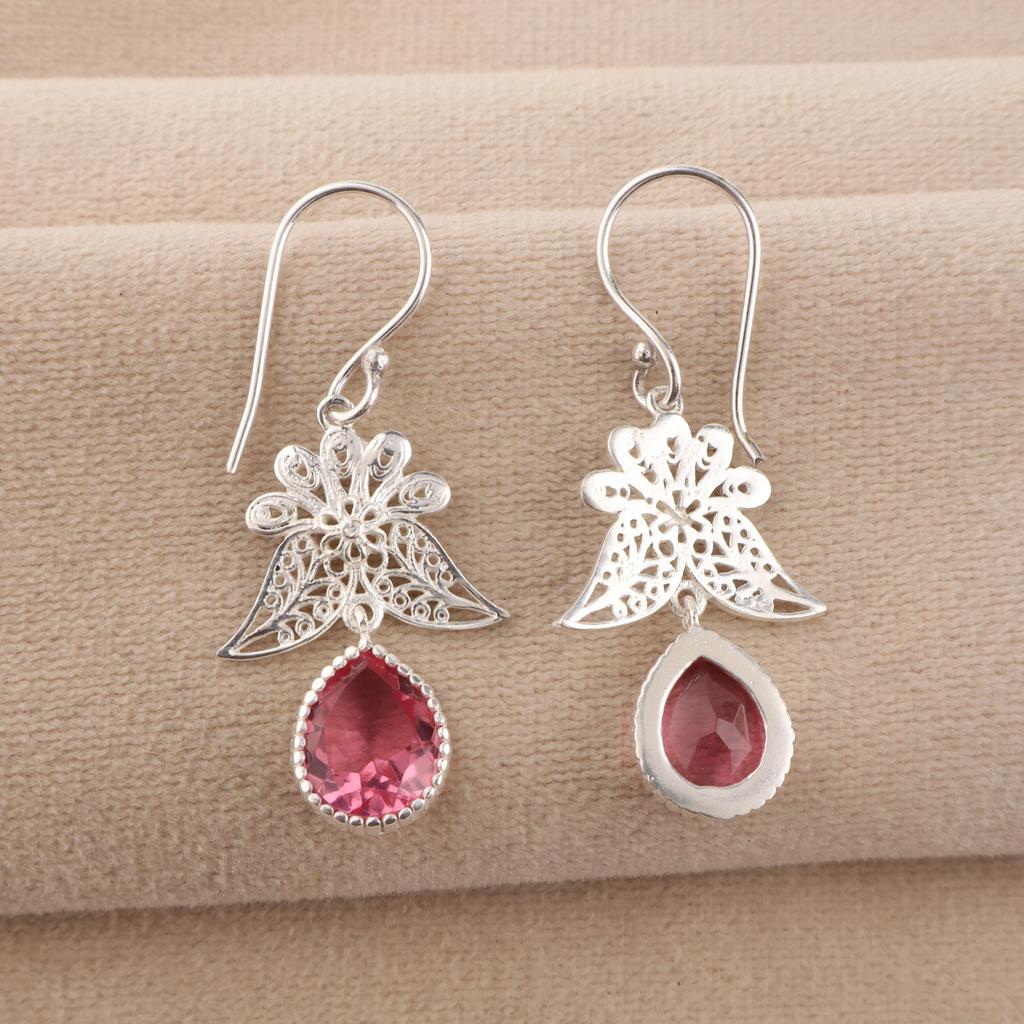 Natural Pink Tourmaline Gemstone 925 Stamped Silver Handmade Jewelry Partywear Hook Earrings 1.84" For Wedding CE-23-5