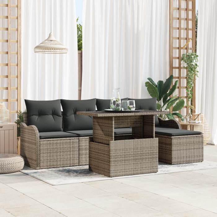 Ensemble de Canapé de Jardin en 6 Pièces avec Coussins en Gris Poly Rattan, Canapé de Jardin 2 Places avec Rangement 3357182