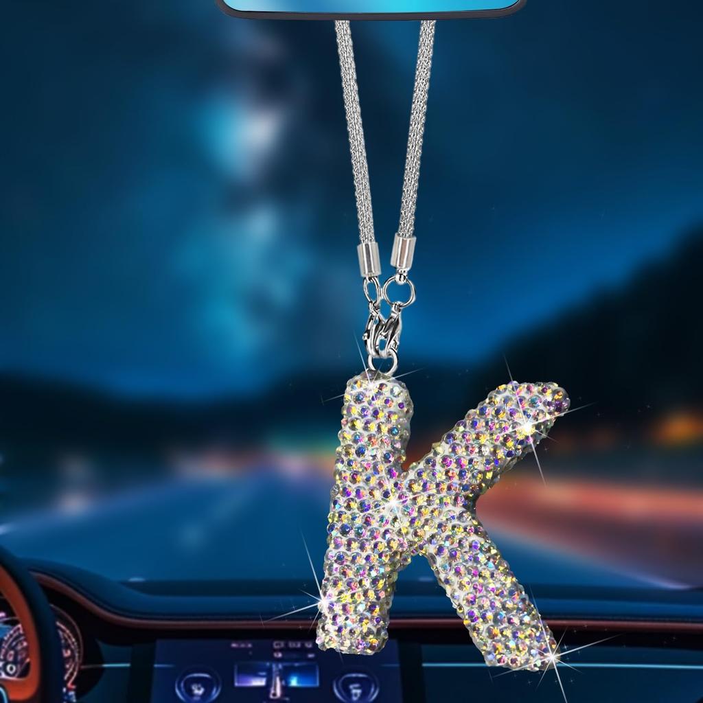 A Shape Bling Crystal Pendant Car Accessories for Women, Hanging Cute Rhinestone Rear View Mirror Accessories, Charm Interior Car Decorations for