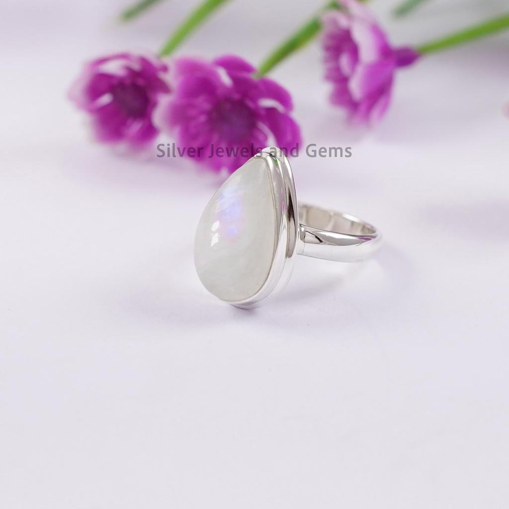 Teardrop Natural Moonstone Ring, 925 Sterling Silver Handmade Ring, Blue Fire Moonstone, Birthday Ring