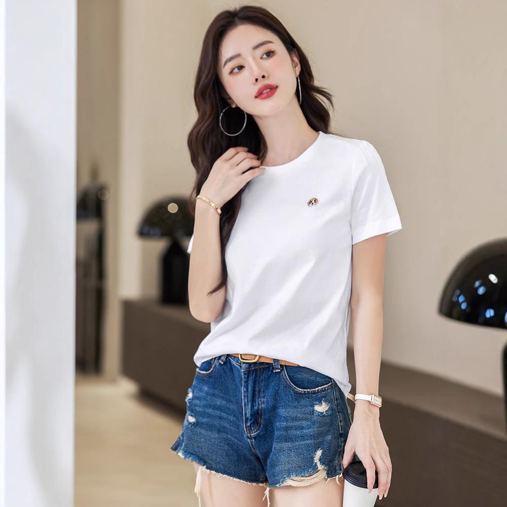 Korean Style Crew Neck Embroidered Dog Head Short-Sleeve Cotton T-Shirt