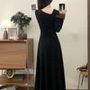 French Hepburn Style Little Black Dress - Bow Long Sleeve, Tummy Concealing, Slimming Mid-Length Ladies' Dress for Spring 2026.