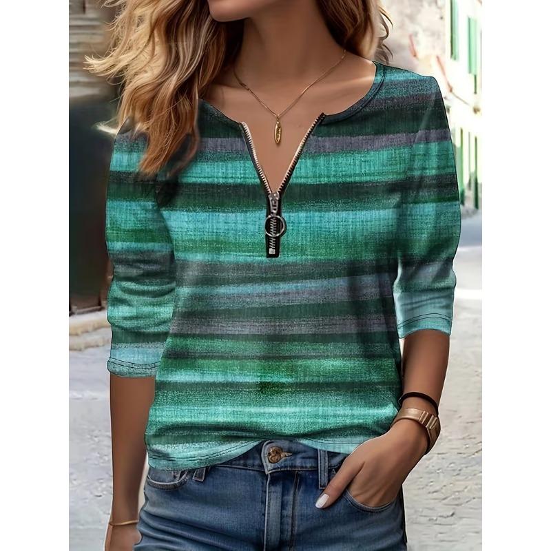 Women's spring and autumn fashionable long-sleeved zipper T-shirt - 3D full body digital printing design party wear