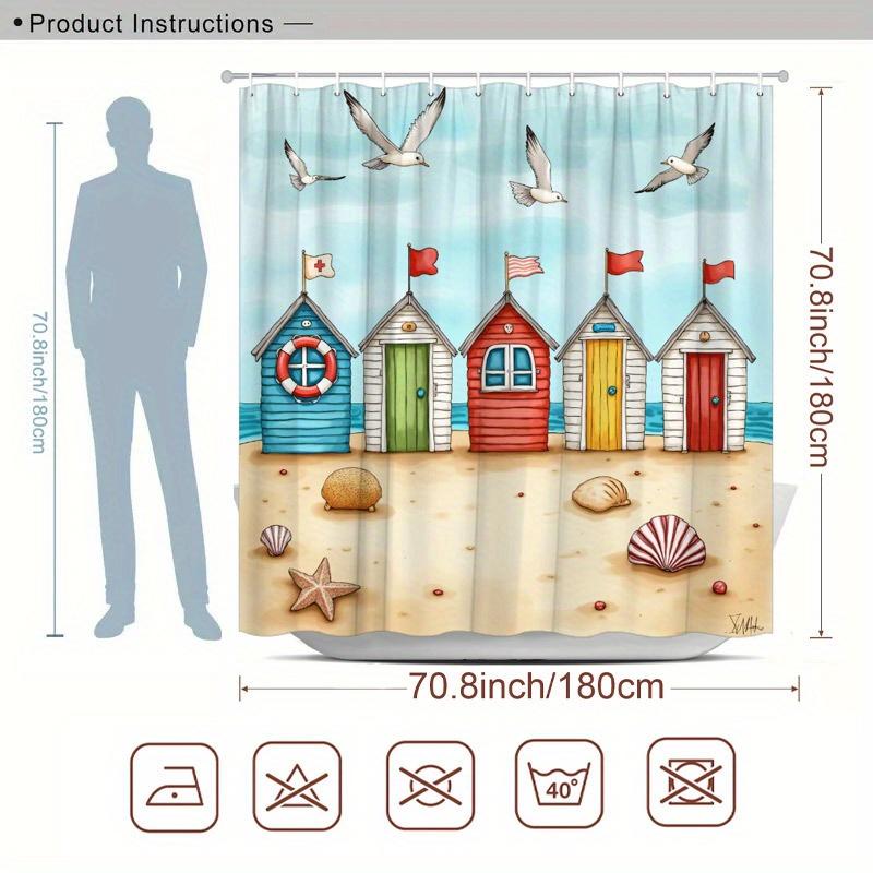 Duschvorhang Meereslandschaft - Strandhütten & Maritimes Thema, Fröhliche Küstenstimmung, Polyester, Bunte Stranddekoration