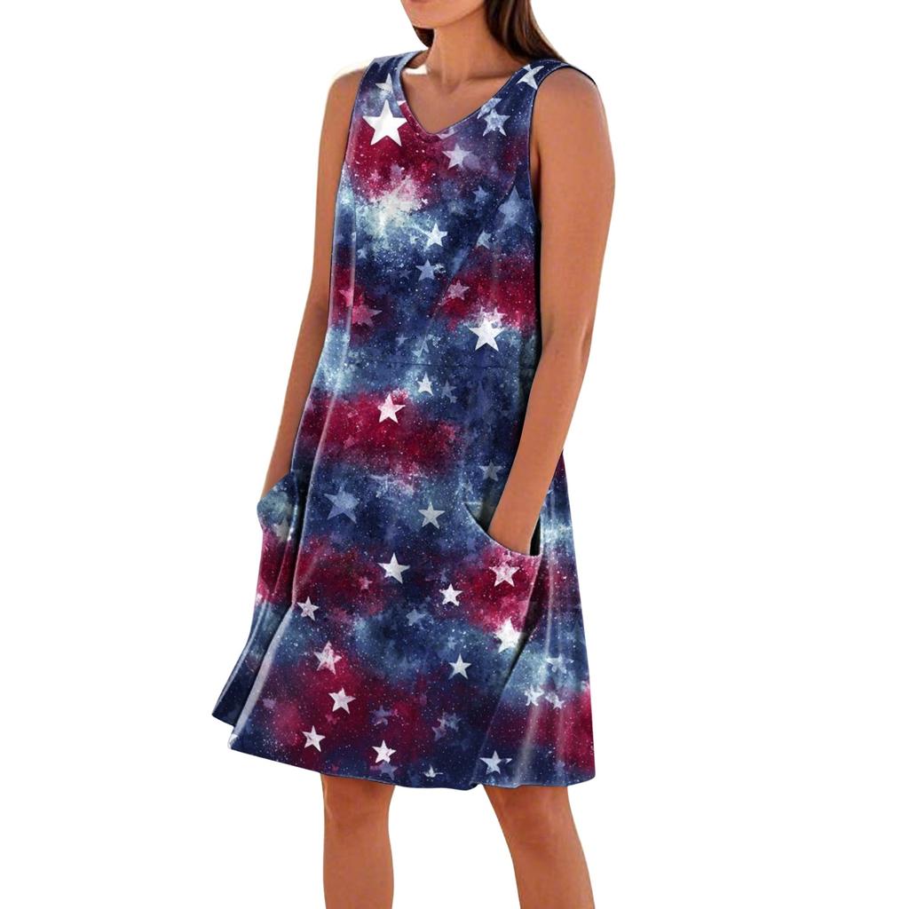 Letnie Sukienki Damskie Luźne na Plażę Wakacje Codzienne Bez Rękawów Dekolt V Sukienki Letnie Z Kieszeniami Sukienka na Ramiączkach