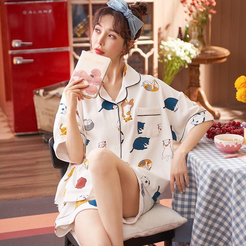 Japanese-style Unprinted Style Summer Fresh Cotton Pajamas Women's Short Sleeves 1011 New Loose Outer Loungewear Suit