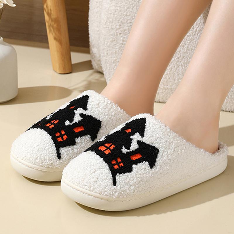 Modische lässige weiße Cartoon-Baumwollpantoffeln für Damen Winter 2025 Indoor Warme Plüsch-Pantoletten Frau Rutschfeste Leichte Schuhe Dame