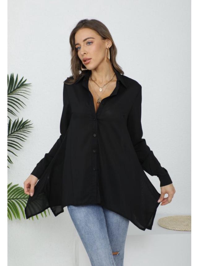 

2025 Женская черная шифоновая рубашка для защиты от солнца - Длинный рукав, корейский стиль BF, средней длины, сексуальная и свободная одежда для сна L чёрный