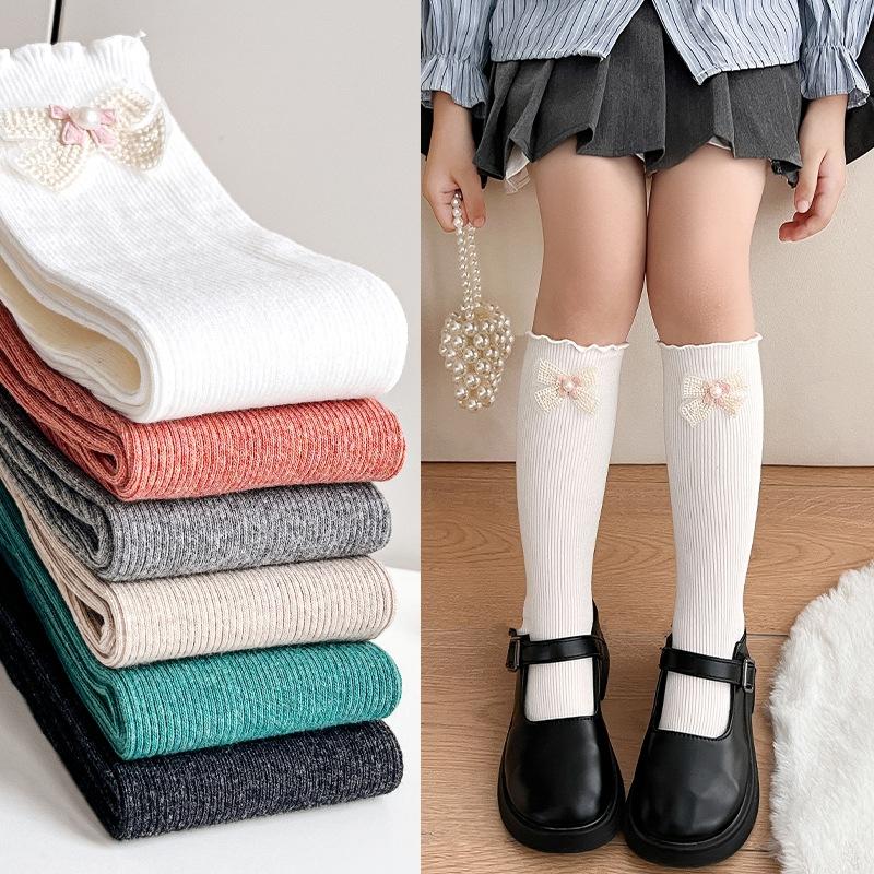 Children's Socks Girls' Solid Medium Long Socks Baby Cotton Comfortable Knee-high Socks With Bows And Lace Trim