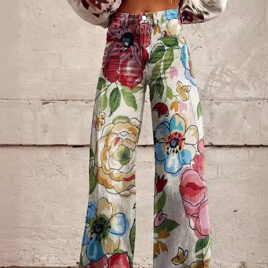 Damen Retro Freizeithose Mittelhoher Schnitt Knopf Reißverschluss Weites Bein Lange Hose mit Taschen Digital Floral