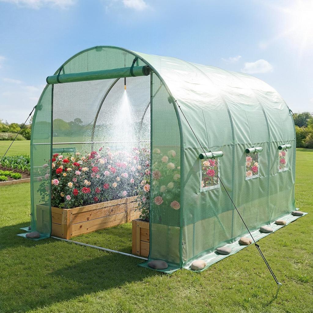 Walk-in Tunnel Greenhouse, 2.93x1.97x1.94 M Hoop House Greenhouse Tunnel with Watering System, Plant Hot House with Steel Frame, PE Cover, Roll-Up