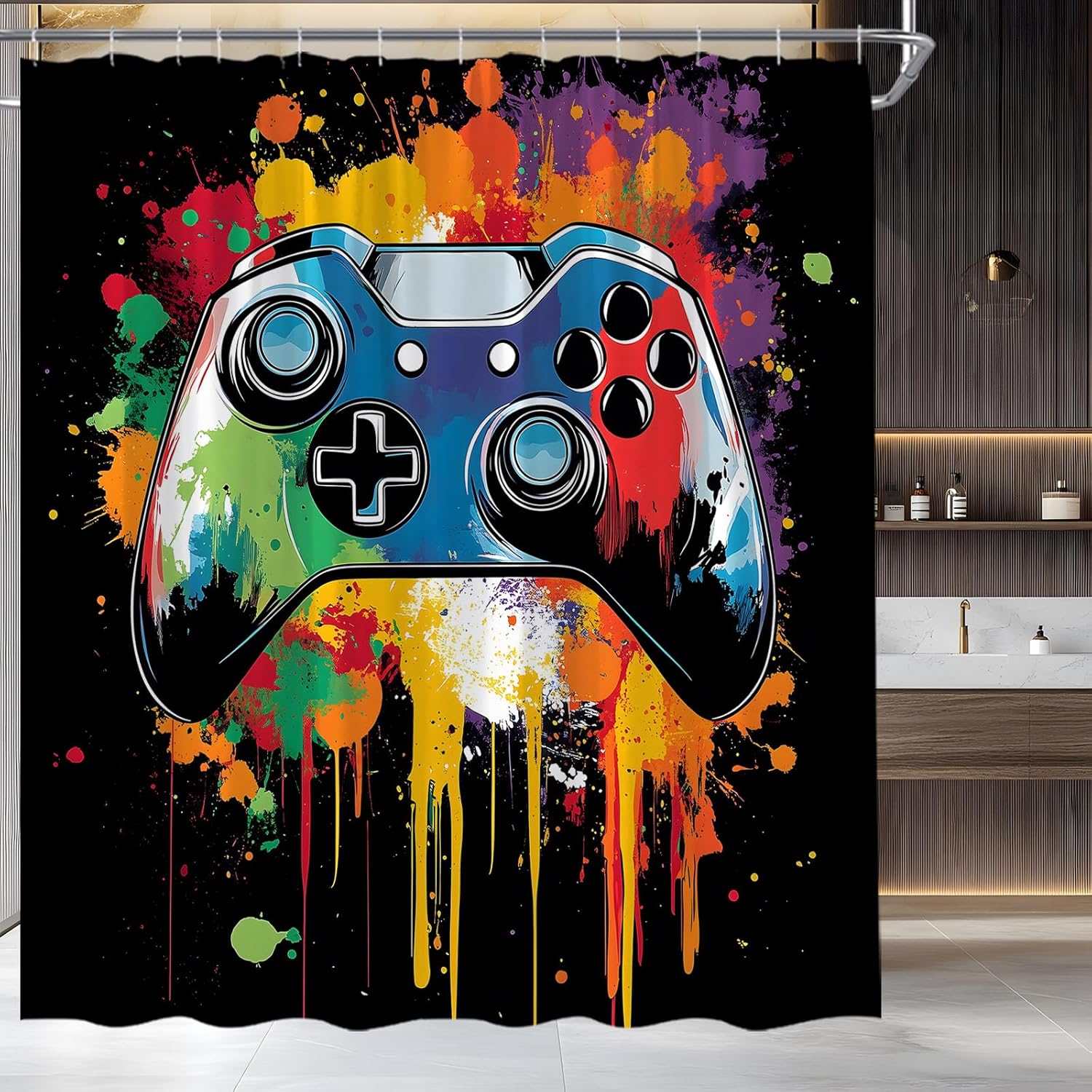 Monika Chen Boys Gamer Shower Curtain Gaming Video Game Colorful Graffiti Gamepad Cool Kids Bathroom Curtain Fabric With Hooks(70 Wx70 H)